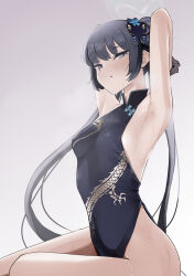 Rule 34 | 1girl, absurdres, armpits, arms behind head, bare legs, bare shoulders, black dress, black gloves, black hair, blue archive, breasts, butterfly hair ornament, china dress, chinese clothes, covered navel, double bun, dress, gloves, grey eyes, grey halo, hair bun, hair ornament, halo, highres, kisaki (blue archive), light blush, long hair, looking at viewer, presenting armpit, print dress, pupi (rain prophet), side slit, sidelocks, simple background, sitting, small breasts, solo, sweat, twintails, very long hair