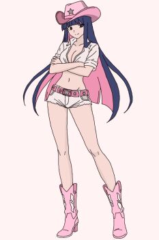 bare_arms bare_legs belt boots cowboy_hat crossed_arms hat highres long_hair non-web_source panty_&amp;_stocking_with_garterbelt pink_belt pink_boots pink_hair purple_eyes purple_hair short_sleeves shorts stocking_(psg)