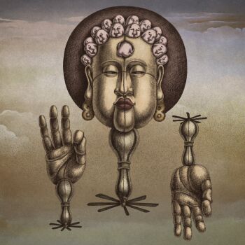 1boy 88kasyo_junrei afro album_cover anatomical_nonsense ass cloud commentary_request cover creature doll_joints earrings highres jewelry joints lips mudra nude painting_(medium) propeller sky surreal taniguchi_takashi traditional_media