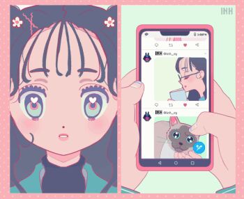 1girl animated animated_gif black_choker black_hair blinking book cat cellphone choker closed_eyes commentary dress flower_hairpin glasses green_eyes hair_ornament hairpin heart heart_in_eye holding holding_book holding_phone looping_animation nail_polish open_mouth original phone pink_dress smartphone smile solo symbol_in_eye turtleneck twitter vivinos