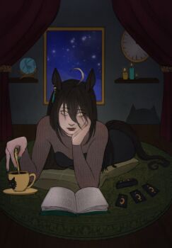1girl ahoge animal_ears black_hair book candle coffee_mug cup curtains ear_tag earrings eyeshadow eyeshadow_under_eye globe green_nails hair_between_eyes head_rest hellmaru highres horse_ears horse_girl horse_tail indoors jewelry lipstick long_hair_between_eyes lying makeup manhattan_cafe_(umamusume) mug multicolored_hair night night_sky on_stomach open_book pillow raised_eyebrows reading ribbed_shirt rug shirt single_earring sky solo star_(sky) starry_sky stirring strapless tail tarot tsurime umamusume vignetting yellow_eyes