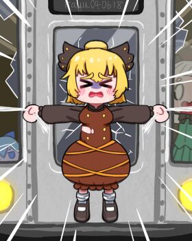 >_< 0_0 3girls artist_name black_bow black_bowtie black_footwear black_shirt blonde_hair blue_bow blue_eyes blue_hair blush_stickers bow bowtie breasts broken_window brown_dress buttons chibi chibi_only cirno closed_eyes collared_shirt commentary crack cracked_glass dress dress_over_shirt emphasis_lines english_commentary frilled_bow frills full_body fumo_(doll) green_vest hair_between_eyes hair_bow hair_bun highres konpaku_youmu kurodani_yamame long_sleeves marvel mary_janes medium_breasts multiple_girls no_fingers on_train open_mouth outstretched_arms parody peeking pinafore_dress puffy_long_sleeves puffy_sleeves ray_u rescue ribbon scene_reference shirt shoes short_hair silk sleeveless sleeveless_dress socks solo_focus spider-man_(series) spider-man_2_(2004) spider_web standing subway sweatdrop torn_clothes torn_dress touhou train turn_pale twitter_username vest white_hair white_shirt white_socks yellow_ribbon