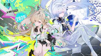 2026 2girls absurdres amane_luna_(vtuber) black_skirt blonde_hair blue_eyes breasts chinese_commentary closed_mouth colored_eyelashes commentary_request dress earrings english_text grey_hair hair_intakes hair_ornament halo happy_new_year headphones headphones_around_neck highres holding holographic_interface jacket jewelry large_breasts logo long_hair looking_at_viewer lynae_(wuthering_waves) mornye_(wuthering_waves) multiple_girls new_year official_art parted_lips purple_dress red_eyes see-through_body shirt skirt skull_hair_ornament smile star_(symbol) star_earrings white_jacket white_shirt wuthering_waves