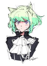 Rule 34 | &gt;:(, 1boy, androgynous, animal ears, artist name, ascot, black jacket, closed mouth, green hair, jacket, light blush, lio fotia, looking at viewer, male focus, medium hair, pink eyes, promare, sidelocks, sketch, solo, trap, v-shaped eyebrows, white ascot, white background, zekkyou (h9s9)