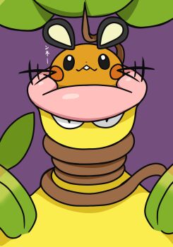 dedenne gen_1_pokemon gen_6_pokemon highres jillbazone leaf looking_at_viewer mega_victreebel nintendo no_humans orange_fur plant pokemon pokemon_(creature) purple_background simple_background victreebel vines