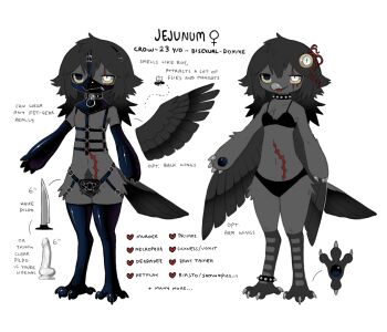 1girl beak bird bird_girl bird_legs black_bra black_collar black_gloves black_mask black_thighhighs blind bra bug chest_harness claws collar colored_sclera crow dildo elbow_gloves english_text eyeball eyeball_hair_ornament fly furry furry_female gloves grey_feathers grey_hair grey_wings harness heterochromia highres insect jejejunum jejenum_(jejejunum) knife latex latex_gloves latex_mask latex_thighhighs mask medium_hair mouth_mask original reference_sheet scar scar_on_stomach sex_toy simple_background solo spiked_collar spikes thighhighs underwear white_background wings yellow_sclera