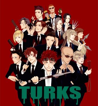 5girls 6+boys bald before_crisis:_final_fantasy_vii bindi black_gloves black_hair black_neckwear black_suit blonde_hair blue_eyes blue_suit blunt_ends brown_eyes brown_hair cellphone cigar cissnei clenched_hand clenched_teeth collar earrings explosive final_fantasy final_fantasy_vii finger_gun fingerless_gloves formal_clothes glasses gloves goggles goggles_on_head green_eyes grenade gun gun_(female) hair_between_eyes highres holding holding_gun holding_knife holding_sword holding_weapon jewelry katana katana_(male) knife knife_(female) legend_(male) long_hair looking_afar looking_to_the_side martial_arts_(female) martial_arts_(male) multiple_boys multiple_earrings multiple_girls necktie nunchaku_(male) open_mouth orange_hair parted_lips partially_unbuttoned phone profile red_background red_eyes red_hair reno_(ff7) rod rod_(male) rude_(ff7) scar scar_on_face shiny_skin short_hair shotgun_(female) silver_hair simple_background smoking spiked_hair square_enix standing suit sunglasses sword teeth throwing_knife tseng turks_(ff7) two_guns_(male) verdot weapon wing_collar