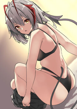 1girl antenna_hair arknights black_bra black_panties black_pants bra breasts clothes_pull commentary_request demon_girl demon_horns demon_tail grey_hair horns looking_at_viewer looking_back orange_eyes panties pants pants_pull red_horns sitting solo tail underwear w_(arknights) z_(knkr1025)