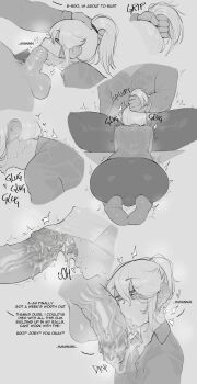 2boys absurdres after_fellatio bulge close-up collared_shirt commentary cum cum_in_mouth deepthroat english_commentary english_text faceless faceless_male fellatio fellatio_under_mask flaccid gokkun grabbing_another&#039;s_hair greyscale head_out_of_frame highres holding_another&#039;s_hair huge_penis joey_(krekkov) kissing_penis krekkov large_testicles male_focus mask mole mole_under_mouth monochrome mouth_mask multiple_boys oral original penis penis_awe ponytail rolling_eyes shirt solo_focus surgical_mask swallowing testicles throat_bulge trap trembling uncensored veins veiny_penis yaoi