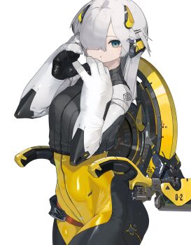 Rule 34 | 1girl, absurdres, black bodysuit, blue eyes, bodysuit, breasts, commentary, cropped jacket, hair ornament, hair over one eye, hairclip, highres, looking at viewer, medium breasts, medium hair, multicolored bodysuit, original, oversized forearms, oversized limbs, science fiction, solo, standing, two-tone bodysuit, white background, white hair, yellow bodysuit, yunimaru