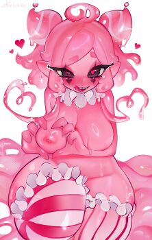 1girl absurdres black_eyes blush breasts choker colored_skin frilled_choker frilled_thighhighs frills heart heart_hands highres large_breasts liquid_hair monster_girl nipples nude original pink_hair pink_skin re1akko red_pupils simple_background slime_(creature) slime_(substance) slime_girl slime_hair thighhighs white_background
