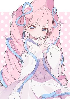 Rule 34 | 1girl, :3, absurdres, animal ears, blue eyes, blue ribbon, blush, closed mouth, commentary, cowboy shot, dress, drill hair, eyelashes, fyuett (vrchat), hair ribbon, hands up, highres, long hair, long sleeves, looking at viewer, neck ribbon, no nose, no pupils, outline, pink background, pink hair, pleated dress, polka dot, polka dot background, puffy long sleeves, puffy sleeves, rabbit ears, ribbon, simple background, sitting, sleeves past wrists, solo, sparkle, sparkling aura, twin drills, two-tone background, uruti 2388, vrchat, white background, white dress, white outline