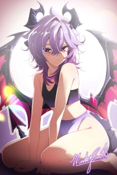 1boy absurdres black_sports_bra closed_mouth crop_top dragon_horns dragon_wings durin_(genshin_impact) genshin_impact hashtag-only_commentary highres horns long_hair male_focus marky_evan midriff panties pink_hair purple_panties red_eyes solo sports_bra stomach trap underwear wings