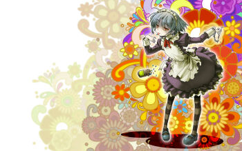 1girl apron bags_under_eyes blush_stickers colorful commentary_request cuffs dress drugged drugs floral_background frills futaba_channel grey_hair handcuffs kumaushi looking_at_viewer maid maid_headdress mary_janes neck_ribbon nijiura_maids pantyhose photoshop_(medium) pill psychedelic raised_eyebrow red_eyes ribbon shoes short_hair smile striped_clothes striped_pantyhose syringe tongue yakui