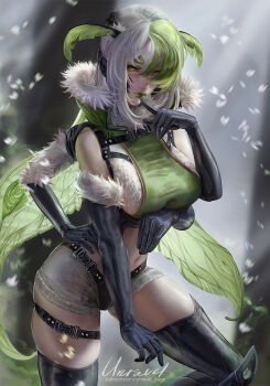 1girl antennae arthropod_girl black_sclera breasts colored_sclera colored_skin extra_arms green_eyes green_hair green_lips hair_over_one_eye indie_virtual_youtuber insect_girl insect_wings juniper_actias juniper_actias_(lab) large_breasts monster_girl moth_antennae moth_girl moth_wings navel shorts solo unravel_page virtual_youtuber white_hair white_skin wings