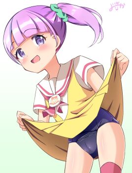 1girl arched_bangs blue_one-piece_swimsuit blush clothes_lift commentary_request dress dress_lift green_scrunchie hair_ornament hair_scrunchie highres inakami lifting_own_clothes manaka_non one-piece_swimsuit open_mouth pretty_series pripara purple_eyes purple_hair revision sailor_collar sailor_dress school_swimsuit scrunchie short_hair side_ponytail simple_background smile solo swimsuit swimsuit_under_clothes thighhighs white_background white_sailor_collar yellow_dress