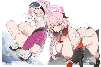8_ni blue_archive bottomless braid breasts commentary down_jacket eimi_(blue_archive) eimi_(swimsuit)_(blue_archive) goggles halo headphones headphones_around_neck highres jacket large_breasts long_braid off-shoulder_jacket off_shoulder pee pink_eyes pink_hair ponytail pussy_juice sex_toy shoes ski_goggles sneakers snow snow_boots towel towel_around_neck vibrator