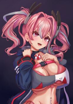 Rule 34 | 1girl, :d, absurdres, azur lane, bikini, black background, black choker, blue coat, breasts, bremerton (azur lane), buckle, chest harness, choker, cleavage, coat, collarbone, commentary, cowboy shot, crop top, crop top overhang, english commentary, engrish commentary, grey hair, grey shirt, groin, hair between eyes, hair intakes, hand on own chest, harness, highleg, highleg bikini, highres, hood, hood down, hooded coat, large breasts, lifebuoy ornament, long hair, long sleeves, looking at viewer, mole, mole on breast, mole under eye, multicolored hair, navel, navel piercing, open clothes, open coat, open mouth, piercing, pink bikini, pink eyes, pink hair, rem26 art, shirt, side-tie bikini bottom, sidelocks, simple background, smile, snap-fit buckle, solo, standing, stomach, streaked hair, swimsuit, teeth, twintails, two-tone hair, two-tone shirt, upper teeth only, white shirt