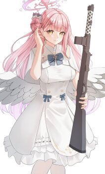 1girl angel_wings blue_archive blue_bow bow breasts buttons capelet closed_mouth double-breasted dress feathered_wings flower frilled_dress frills gold_trim gun hair_bun hair_flower hair_ornament halo highres holding holding_gun holding_weapon juicy_korokke3 lanchester_smg long_hair looking_at_viewer low_wings medium_breasts mika_(blue_archive) overskirt pink_hair pink_halo simple_background single_hair_bun single_side_bun smile solo submachine_gun very_long_hair weapon white_background white_capelet white_dress white_overskirt white_wings wings yellow_eyes