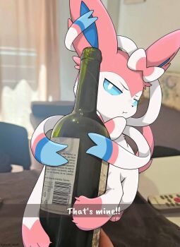 :i animal_focus artist_name blue_sclera bottle colored_sclera commentary controller english_commentary english_text full_body gen_6_pokemon half-closed_eyes highres indoors looking_at_viewer nintendo no_humans pink_fur pokemon pokemon_(creature) pokemon_focus remote_control sarent_stuff sylveon two-tone_fur v-shaped_eyebrows white_eyes white_fur wine_bottle