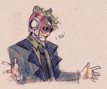 1boy cyborg english_text f-zero f-zero_gx formal_clothes goggles green_hair hands_up microphone monkii_(mjooolnina) mr._zero_(f-zero) necktie nintendo open_mouth sketch smile solo suit upper_body