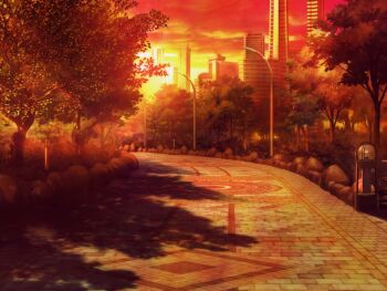 artist_request brick_road building bush city cloud game_cg lamppost light_rays magia_record:_mahou_shoujo_madoka_magica_gaiden mahou_shoujo_madoka_magica no_humans official_art orange_sky outdoors park path road rock scenery shadow sky skyscraper sunlight tree