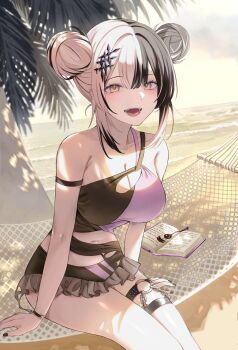 1girl absurdres arm_strap bare_shoulders beach bikini black_bikini black_hair black_nails blush book breasts commentary day double-parted_bangs double_bun feet_out_of_frame fingernails frilled_bikini frills grey_hair hair_between_eyes hair_bun hair_ornament hammock highres hololive hololive_english large_breasts long_fingernails looking_at_viewer multicolored_bikini multicolored_hair nail_polish navel o-ring o-ring_thigh_strap ocean official_alternate_costume official_alternate_hairstyle open_book open_mouth outdoors palm_tree purple_bikini shiori_novella shiori_novella_(holonatsu_paradise) shore sitting smile solo split-color_hair swimsuit thigh_strap tree two-tone_bikini two-tone_hair umirunie virtual_youtuber yellow_eyes