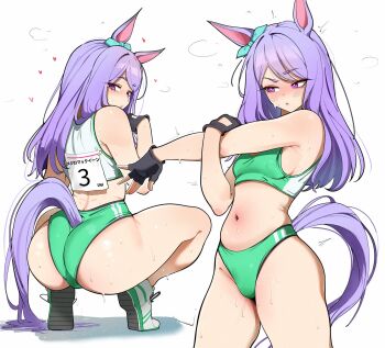 1girl animal_ears ass bow breasts bullxon buruma clothing_cutout commentary ear_ribbon english_commentary fingerless_gloves gloves green_buruma green_sports_bra highres horse_ears horse_girl horse_tail long_hair medium_breasts mejiro_mcqueen_(umamusume) multiple_views purple_eyes purple_hair shoes sports_bra squatting stretching sweat tail tail_through_clothes umamusume white_shoes