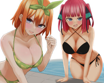 absurdres bare_arms bare_shoulders bikini black_bikini blue_eyes blush breasts butterfly_hair_ornament cleavage collarbone go-toubun_no_hanayome green_bikini green_hairband hair_ornament hairband highres large_breasts looking_at_viewer nakano_nino nakano_yotsuba natsume_mina navel open_mouth orange_hair poolside red_eyes short_hair siblings side-tie_bikini_bottom simple_background sisters smile stomach swimsuit twintails