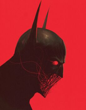 1boy batman batman_(series) body_horror commentary cowl dc_comics english_commentary faznova highres horror_(theme) male_focus monster_boy pointy_nose profile red_background red_eyes simple_background solo tendril