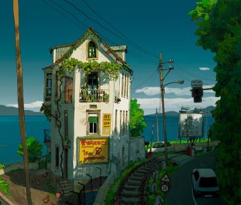 alariko balcony barbed_wire bird blue_sky building car chicken dumpster fence highres lamppost motor_vehicle no_humans original peugeot peugeot_205 plant power_lines railroad_crossing railroad_tracks scenery sign sky spanish_text traffic_light vines water window