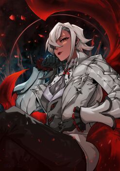 1girl absurdres arlecchino_(genshin_impact) black_eyes black_hands black_pants black_streaks closed_mouth coat colored_extremities commentary cowboy_shot english_commentary fatui_coat fingernails genshin_impact grey_vest hair_over_one_eye hand_up highres jewelry lips lipstick long_hair long_sleeves looking_at_viewer makeup mariosdalart multicolored_hair multiple_rings one_eye_covered pants red_lips red_pupils ring sitting solo streaked_hair symbol-shaped_pupils vest white_coat white_hair x-shaped_pupils