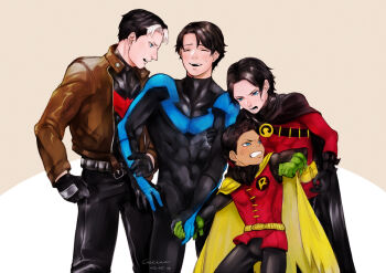 4boys angry batman_(series) belt black_hair blue_eyes bodysuit brothers cape closed_eyes damian_wayne dark_skin dc_comics dick_grayson family gauntlets glaring gloves jacket jason_todd male_focus multicolored_hair multiple_boys nightwing red_hood_(dc) red_robin robin_(dc) siblings simple_background smile tim_drake two-tone_hair