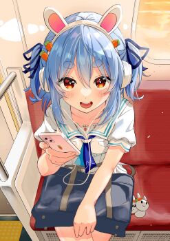 1girl animal_ears bag bare_arms bare_legs black_ribbon blue_hair blue_neckerchief blue_trim breasts cable carrot_hair_ornament cellphone cleavage dress fake_animal_ears food-themed_hair_ornament hair_between_eyes hair_ornament hair_ribbon headphones highres hikimayu hn_(folder) holding holding_bag holding_phone hololive looking_at_viewer neckerchief orange_eyes pekomon_(usada_pekora) phone ribbon sailor_collar school_bag short_sleeves sitting smartphone solo train train_interior upturned_eyes usada_pekora usada_pekora_(casual) virtual_youtuber white_dress