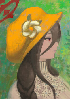 Rule 34 | 1girl, absurdres, alternate costume, blue archive, braid, brown hair, closed mouth, commentary, english commentary, flower, from side, green background, hair between eyes, hair over shoulder, hairstyle request, halo, hasumi (blue archive), hat, hat flower, highres, jpmc, lips, long hair, long hair between eyes, looking ahead, loosely tucked bangs, painterly, portrait, profile, red eyes, red halo, shirt, shirt flower, solo, turtleneck, white flower, white shirt, yellow hat