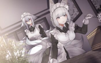 2girls absurdres alternate_costume animal_ears apron azur_lane black_dress blue_eyes breasts closed_mouth commentary dated_commentary dress droopy_ears duster dutch_angle enmaided fox_ears fox_girl fox_tail frilled_apron frills gloves grey_hair highres holding holding_duster indoors juliet_sleeves kaga_(azur_lane) kitsune long_sleeves maid maid_apron maid_headdress multiple_girls multiple_tails puffy_sleeves samip short_hair tail tosa_(azur_lane) white_apron white_gloves white_hair yellow_eyes