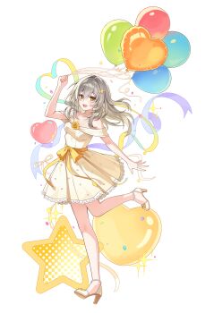 1girl alternate_costume balloon bow commentary_request dress full_body grey_hair hair_ornament hairclip heart_balloon high_heels highres holding holding_balloon honkai:_star_rail honkai_(series) light_blush looking_at_viewer open_mouth pine_(angel4195202) ribbon shoes sleeveless sleeveless_dress solo standing standing_on_one_leg stelle_(honkai:_star_rail) trailblazer_(honkai:_star_rail) waist_bow white_dress white_shoes yellow_bow yellow_eyes