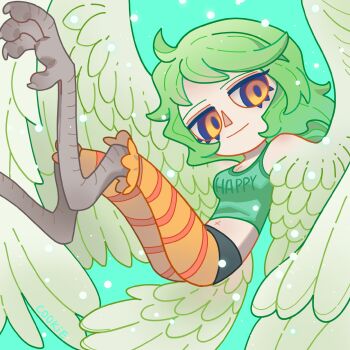 1girl bare_shoulders bird_legs bird_tail brancrokie breasts cleavage clothes_writing commentary crop_top feathered_wings feathers green_feathers green_hair green_tank_top green_wings harpy highres large_breasts long_hair looking_at_viewer midriff monet_(one_piece) monster_girl navel one_piece pantyhose smile solo striped_clothes striped_leggings striped_pantyhose symbol-only_commentary tail talons tank_top winged_arms wings x_navel yellow_eyes