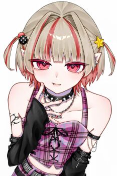 1girl arm_belt arm_strap bare_shoulders belt black_arm_warmers black_belt black_collar blunt_bangs blush chain chain_necklace closed_mouth collar collarbone colored_inner_hair crop_top cross-laced_clothes cross-laced_top ear_cuffs finger_to_cheek grey_hair hair_bobbles hair_intakes hair_ornament heart heart_tattoo highres jewelry looking_at_viewer m4m6_1 makaino_ririmu makaino_ririmu_(6th_costume) midriff multicolored_hair multiple_belts necklace nijisanji no_headwear no_jacket o-ring_collar pendant pink_hair pink_streaks plaid_clothes pointy_ears red_eyes short_hair shoulder_tattoo simple_background sleeveless solo spiked_collar spikes standing star_(symbol) star_hair_ornament streaked_hair studded_belt tattoo two-tone_hair two_side_up upper_body virtual_youtuber white_background wolf_cut zipper_top