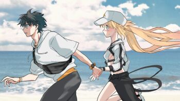 1boy 1girl artoria_caster_(fate) artoria_caster_(swimsuit_berserker)_(first_ascension)_(fate) artoria_pendragon_(fate) asymmetrical_clothes bag baseball_cap beach bikini black_hair black_pants blonde_hair blue_eyes breasts cloud cloudy_sky commentary_request fate/grand_order fate_(series) feet_out_of_frame floating_hair from_side fujimaru_ritsuka_(male) fujimaru_ritsuka_(male)_(summer_street) green_eyes hat highres holding_hands hood hoodie light_blush long_sleeves ocean pants running short_hair short_sleeves shoulder_bag shrug_(clothing) single_pantsleg sky small_breasts swimsuit white_bikini white_hat white_hoodie white_shrug ysibtf