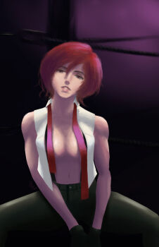 1girl aldrin_buniel aldrinbuniel breasts brown_eyes female_focus gloves large_breasts looking_at_viewer natsuaru open_clothes pale_skin red_hair shirt short_hair the_king_of_fighters thick_thighs thighs undressing vanessa_(kof) white_shirt