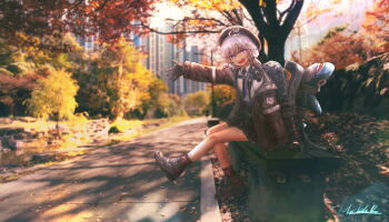 1girl ahoge beret black_gloves black_hat black_necktie black_shoes brown_hair brown_jacket building cheyanne_(girls&#039;_frontline_2) cityscape commentary day english_commentary girls&#039;_frontline girls&#039;_frontline_2:_exilium gloves hat highres jacket jhands_onpc long_hair looking_at_viewer miniskirt necktie on_bench open_mouth outdoors pleated_skirt purple_eyes shirt shoes sitting skirt solo stuffed_animal stuffed_toy tree white_shirt