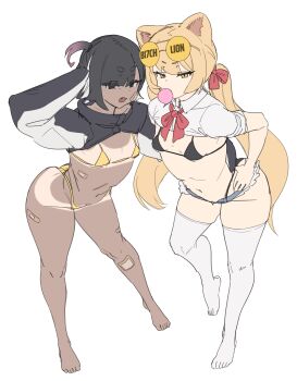2girls absurdres animal_ears bandaid bandaid_on_cheek bandaid_on_face bandaid_on_knee bandaid_on_leg bandaid_on_thigh bikini black_hair blonde_hair blunt_bangs cat_ears chewing_gum clothes_lift delia_(trickcal) english_text eyewear_on_head fang gya_rb hand_up hands_on_own_hips highleg highres leaning_forward lion_(trickcal) md5_mismatch micro_bikini multiple_girls open_fly penguin_girl ponytail red_ribbon resolution_mismatch ribbon rolling_sleeves_up shirt_lift source_smaller standing standing_on_one_leg swimsuit tan tanline thighhighs trickcal v-shaped_eyebrows white_thighhighs wide_hips