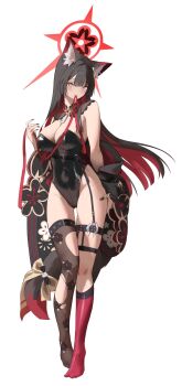 Rule 34 | 1girl, alternate costume, animal ear fluff, animal ears, black hair, black jacket, black leotard, black thighhighs, blue archive, blush, breasts, closed mouth, colored inner hair, commentary, fox ears, fox girl, fox tail, halo, hand on own thigh, highleg, highleg leotard, highres, jacket, kneehighs, large breasts, leotard, long hair, looking at viewer, mouth hold, multicolored hair, no shoes, pink socks, red hair, red halo, ribbon, ribbon in mouth, sidelocks, single kneehigh, single sock, single thighhigh, smile, socks, solo, symbol-only commentary, tail, thighhighs, torn clothes, torn thighhighs, two-tone hair, vam (js vam), wakamo (blue archive)