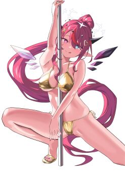 1girl :q absurdres arm_up between_breasts bikini black_horns blue_eyes breasts commentary crystal_wings detached_wings double_halo feet gold_bikini hair_between_eyes hair_ornament halo heart heart_hair_ornament heterochromia high_ponytail highres hololive hololive_english horns irys_(hololive) long_hair looking_at_viewer multicolored_hair pink_eyes pointy_ears pole pole_dancing ponytail purple_hair red_streaks shift_(shiftillust) side-tie_bikini_bottom sidelocks simple_background solo star_halo streaked_hair stripper_pole swept_bangs swimsuit toes tongue tongue_out very_long_hair virtual_youtuber white_background wings