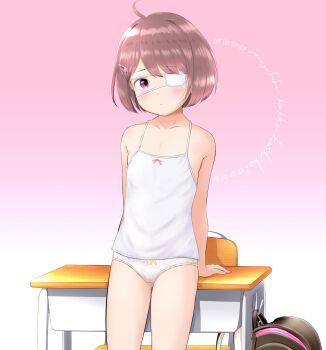 1girl ahoge backpack bag blush brown_hair cameltoe camisole desk eyepatch flat_chest gradient_background hair_ornament hairclip highres loli looking_at_viewer mayafufu medical_eyepatch original panties pink_background print_panties purple_eyes randoseru romaji_text school_desk solo underwear unworn_backpack unworn_bag webp-to-png_conversion white_background white_camisole
