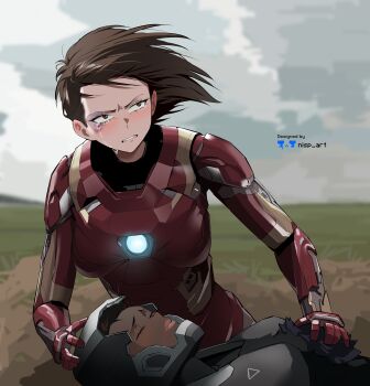 absurdres animification armor artist_name black_armor blood blood_from_mouth brown_eyes brown_hair bruise bruised_eye captain_america:_civil_war captain_america_(series) clenched_teeth closed_eyes cloud cloudy_sky commentary dark-skinned_female dark_skin day english_commentary genderswap genderswap_(mtf) grass highres injury iron_man james_rhodes marvel marvel nisp_art outdoors power_armor red_armor scene_reference sky tears teeth tony_stark war_machine