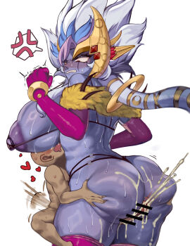 1boy 1girl age_difference angry ass bald bar_censor blush breasts censored cum cum_on_ass cum_on_body cum_on_lower_body dark-skinned_male dark_skin erection grabbing_another's_ass grey_hair groping heart huge_breasts huge_penis interracial lunalight_cat_dancer nervous open_mouth penis rubbing short_hair shota simple_background size_difference speech_bubble white_background yu-gi-oh!