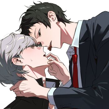 Rule 34 | 2boys, absurdres, adachi tooru, adam's apple, black hair, black jacket, brown eyes, channel 0513, chocolate, collared jacket, collared shirt, commentary request, finger in another's mouth, food, food in mouth, grey hair, hand on another's neck, heart, heart-shaped food, highres, jacket, korean commentary, lapels, layered sleeves, long sleeves, male focus, multiple boys, narukami yu, necktie, nervous sweating, notched lapels, persona, persona 4, popped collar, red necktie, shirt, simple background, sweat, upper body, white background, white shirt, wing collar, yaoi