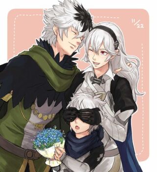 Rule 34 | 1girl, 2boys, black hair, black hairband, bouquet, commentary request, family, female corrin (fire emblem), fire emblem, fire emblem fates, flower, hairband, hashiko (neleven), holding, holding bouquet, looking at another, male kana (fire emblem), multicolored hair, multiple boys, nintendo, open mouth, pointy ears, red eyes, shura (fire emblem), two-tone hair, white hair